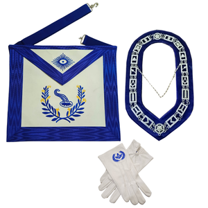 Ensemble de tablier, col et gants de franc-maçon brodés bleu et blanc, ensemble de régalia maçonnique pour officier senior de cérémonie - Product Image 1