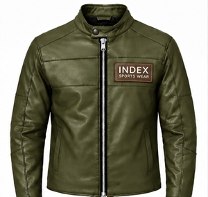 เสื้อแจ็คเก็ตหนัง PU สีเขียวมะกอกสำหรับผู้ชาย แบรนด์ INDEX Sports Wear คอตั้ง ปิดด้วยซิป สไตล์นักขี่มอเตอร์ไซค์ เหมาะสำหรับใส่ในฤดูใบไม้ร่วง - Product Image 1
