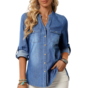 Camisa de Mezclilla para Mujer, Lavado Oscuro, Cuello Camisero, Manga Larga, Cierre de Botones, Estilo Casual Vintage, Corte Regular, 100% Algodón, con Bolsillos, Primavera - Product Image 1