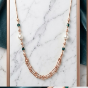 Collier Mala italien en argent 925, finition or rose, pierre verte, perle, chaîne multicouche, bijoux de créateur pour femmes - Product Image 5