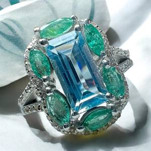 Natural Blue Topaz <b>Emerald</b> Gemstone with Round Brilliant Cut Diamond 925 Sterling <b>Silver</b> Rhodium Plated Minimalist Cocktail <b>Ring</b> - Product Image 1