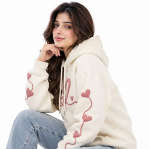 <b>Women's</b> <b>Cream</b> Puff Print Hoodie Drop Shoulder <b>Fleece</b> Sweatshirt with Heart Appliques Trendy Street Fashion - Product Image 3