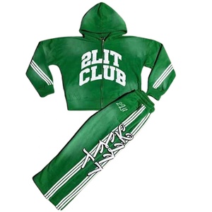 Imprimé strass brodé vert soleil délavé bouffée imprimé Logo personnalisé pull pantalon en détresse fermeture éclair à capuche soleil délavé survêtement - Product Image 1