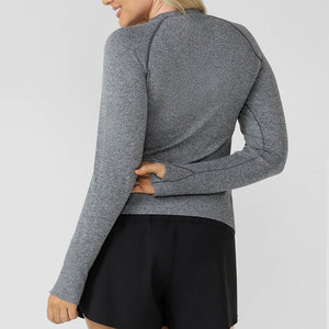 Women Yoga Padded Longline Workout Crop Length Shirt Crew Neck <b>Thumb</b> Hole <b>Cuffs</b> Seamless Knitted Yoga Fitness Workout Shirt - Product Image 5