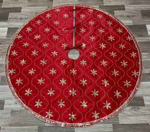 Rustic Velvet Christmas Tree <b>Skirt</b> Reindeer Embroidered Festive Holiday Decor Handmade Tree Cover - Product Image 4