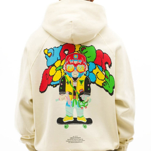 Sweat à capuche surdimensionné personnalisé pour homme, couleur crème, avec logo brodé multicolore sur la poitrine et poche kangourou - Product Image 4