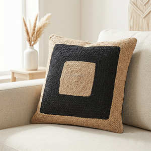 Funda de Almohada Decorativa de Yute Trenzado Natural Negro, Cojín Geométrico Rústico para Sofá, Estilo Granja - Product Image 6