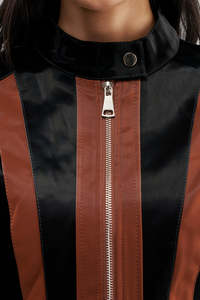 Splendid Apparel Women's Color Blocked PU Leather <b>Bomber</b> <b>Jacket</b> Full Sleeve Stand Collar Zipper Closure Cropped Biker Style - Product Image 3