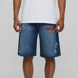 Custom Embroidery Logo Rhinestones Solid High Street Casual Vintage Denim Jorts Streetwear Ripped Knee Length - Product Image 2