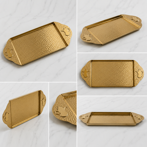 Ensemble de plateaux rectangulaires martelés en argent et or, ornés d'une incrustation de style arabesque sur les poignées, pour un service élégant à la maison. - Product Image 6