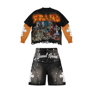 Conjunto de Moda para Hombre, Camiseta de Manga Larga y Pantalones Cortos, 100% Algodón, Estampado, Colección Primavera, Ropa Casual Urbana - Product Image 1