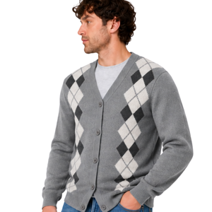 Cardigan en tricot pour homme à col en V, motif losanges, boutons sur le devant, manches longues, classique, décontracté, chaud, en laine/acrylique, haut d'automne - Product Image 3