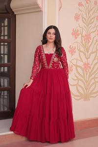 ชุดเดรสยาว Anarkali สีชมพูผ้าจอร์เจตต์ งานปักกระจกแบบ Kutchi อย่างดี สำหรับงานเทศกาลอินเดีย ปากีสถาน และงานเลี้ยง - Product Image 4