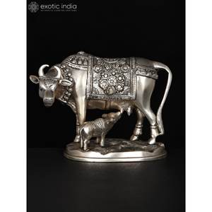 Elegante 7 \ "Escultura de Latón chapado en plata Estatua de vaca y becerro Obra de arte única - Product Image 3