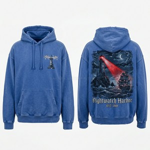 เสื้อฮู้ดดี้สีกรมท่าแบบย้อมสีเอซิดสำหรับผู้ชาย ผ้าฟลีซหนานุ่ม ลายกราฟิกซีลขี้ผึ้ง ซิปหน้า เสื้อสเวตเชิ้ตคุณภาพสูง เสื้อผ้าสตรีทแวร์จากโรงงาน - Product Image 3