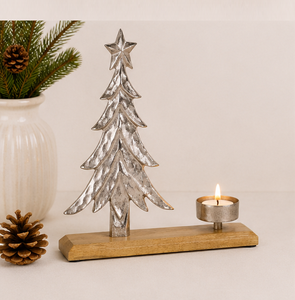 High Quality Handcrafted Silver Aluminum Metal Christmas Tree Candle Holder With Natural Mango Wood Base For Holiday Home Table - Product Image 4