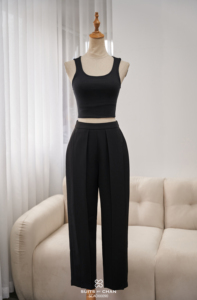 Pantalon de costume noir taille haute coupe droite longueur cheville pour femme, style minimaliste CELESTINE - Product Image 6
