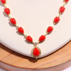 22 K Gold Plated Brass Red Stone Long <b>Necklace</b> Set With Earrings <b>Statement</b> Bridal Wedding Jewelry At Factory Price - Product Image 3
