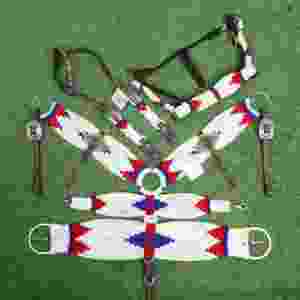 Juego de cabezada de mohair rojo, azul real y blanco, decorado con correa frontal a juego de 32 pulgadas con cuero argentino. - Product Image 1