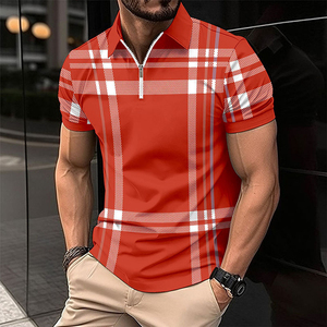 T-shirt décontracté pour homme en coton épais respirant, à manches courtes, imprimé à carreaux bleus, avec fermeture éclair sur le devant, taille 3XL - Product Image 5