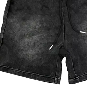 Shorts en coton noir pour homme, taille mi-haute, cordon de serrage, style décontracté, effet délavé, avec poches - Product Image 5