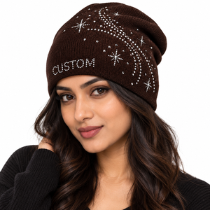 Custom Rhinestone Knit <b>Beanie</b> Women <b>Brown</b> Slouchy Winter Hat Sparkle Star Design Wholesale Fashion Streetwear Cap Bulk USA - Product Image 3