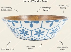 Tazón de Ensalada de Madera Ecológico Hecho a Mano con Diseño Floral Azul, Apto para Lavavajillas y Congelador, Vajilla Premium para Servir Alimentos en el Hogar - Product Image 6