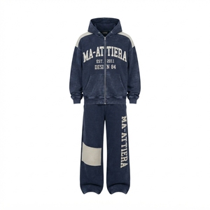 Conjunto de chándal de dos piezas para hombre: sudadera con capucha vintage con cremallera y pantalones de chándal de pierna ancha, venta al por mayor personalizada - Product Image 3