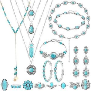 Set di Gioielli Bohémien in Argento da 20 Pezzi per Donne, Collana, Bracciale, Anello e Orecchini con Turchese - Gioielli Ispirati allo Stile Western - Product Image 1