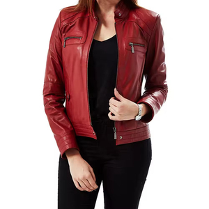 Women's Genuine Leather Moto <b>Jacket</b> Stand Collar Full Sleeve Zipper Closure Autumn Solid Color <b>Biker</b> <b>Jacket</b> - Product Image 4