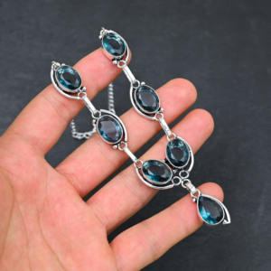 Customized Handmade 10x14mm London Blue Topaz Lab Created Pear Shape Sterling Silver 18 Inch Necklace For Women Wedding Gift - Product Image 1