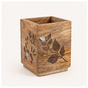 Handcrafted Mango Wood Cutlery Holder With Elegant Metal Leaf Inlay Rustic <b>Kitchen</b> Utensil <b>Caddy</b> & Countertop Organizer For Home - Product Image 5