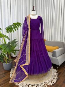ชุดเดรส Anarkali สีน้ำเงินเข้ม ผ้าจอร์เจตต์เทียม ปักเลื่อม พร้อมผ้าคลุมไหล่ ยาวถึงพื้น สำหรับผู้หญิง ใส่ไปงานปาร์ตี้ งานแต่งงาน งานรับปริญญา งานดิวาลี แห้งเร็ว - Product Image 2