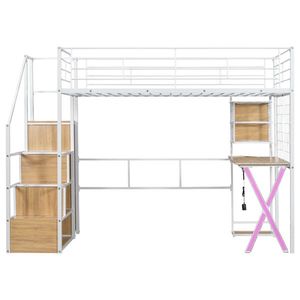 Letto a soppalco in metallo per bambini, singolo, con LED, scrivania bianca, armadio integrato e scala contenitore - Product Image 4