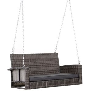 Sedia a dondolo da giardino in vimini per 2 persone con cuscini grigi, capacità 550 libbre - Product Image 1