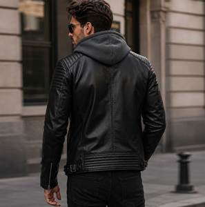 Chaqueta de Moto con Capucha de Cuero Negro para Hombre, Corte Ajustado, Resistente al Viento, Color Sólido, Bolsillo Delantero, Estilo Casual para Otoño - Product Image 2
