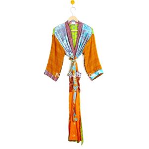 Handmade Summer Silk Patchwork High Robe <b>Women</b> Soft Maternity Long Gown Front Side Pockets V-neck Drawstring Closure Breathable - Product Image 2
