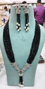 Indian Traditional multi layer Long <b>Necklace</b> <b>Set</b> with Matching Earrings <b>Silver</b> Plated Bridal Wedding Jewellery <b>Set</b> - Product Image 3