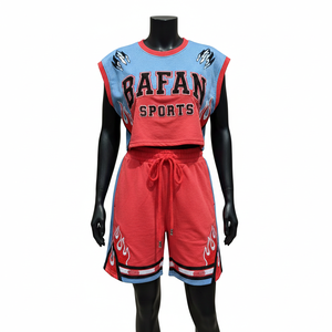 ชุดกีฬาแขนกุดผู้หญิงผ้าฝ้าย 100% ผ้าคอตตอนผสมโพลีเอสเตอร์เนื้อหนา สีแดงน้ำเงินตัดกัน พร้อมปักโลโก้ - Product Image 1