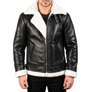 Men's Black Leather Bomber Jacket with Sheep Fur Lining Windproof Winter Moto Style Zipper Closure Regular Fit OEM customized - Product Image 3