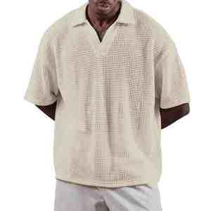 Polo de Manga Corta para Hombre, Talla Grande, Color Beige, Tejido Waffle, Informal, Transpirable, Color Sólido, Texturizado, de Algodón, para Verano - Product Image 1