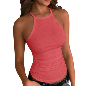 Débardeur côtelé dos nu pour femme, sans manches, coupe ajustée, en maille extensible, camisole décontractée d'été, doux, respirant, en polyester, pour usage quotidien, rose - Product Image 1