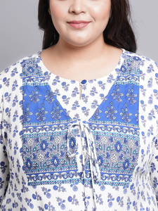 Vestido Anarkali de Viscosa Blanca con Estampado Floral, Mangas Largas, Cuello Redondo, Talla Grande, Informal, Festivo, al por Mayor para Mujer - Product Image 4