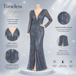 Luxury Grey Beaded Mermaid Evening Gown for Women Deep V Neck Long Sleeve Formal Wedding Reception Prom Party Maxi Dress - Product Image 5