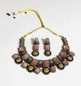 Ensemble collier et boucles d'oreilles plaqué or avec pierre rose Monalisa motif visage de soleil, bijoux de mode pour femme pour soirée - Product Image 3