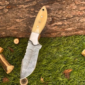 Custom Handmade Camping Hunting <b>Knife</b> with Drop Point Blade Straight Edge Damascus Steel <b>Bone</b> <b>Handle</b> and Leather Sheath - Product Image 4