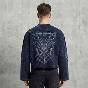 Custom Unisex Oversized Cropped Graphic Long Sleeve T <b>Shirt</b> Vintage Wash Rhinestone Gothic <b>Y2K</b> Streetwear Wholesale 100% Cotton - Product Image 4