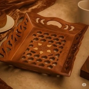 Plateau décoratif en bois fait main moderne, rectangulaire, design géométrique en nid d'abeille, style rustique, avec poignée, par UO INDIA - Product Image 5