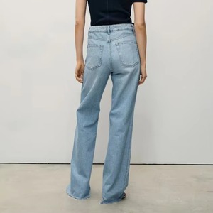 Jeans pour femmes à logo personnalisé, coupe large, taille haute, style décontracté, avec ourlet brut, en denim respirant, orné de rivets, coupe ample - Product Image 3