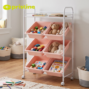 4 Tier Storage Cart with 6 Pink Bins Metal Frame <b>Rolling</b> Organizer for Home Office Use - Product Image 6